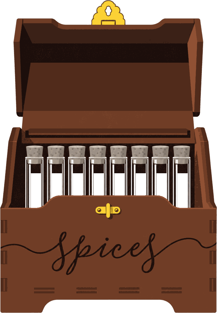 The league trophy: a wooden spice chest, lid open, holding a rack of cork-stoppered glass vials with "spices" engraved across the front.